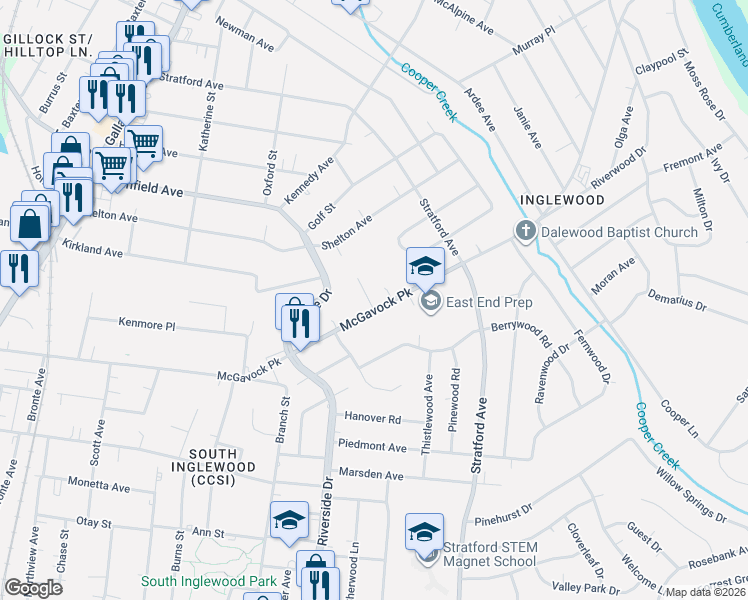 map of restaurants, bars, coffee shops, grocery stores, and more near 2310 Hidden Terrace Court in Nashville