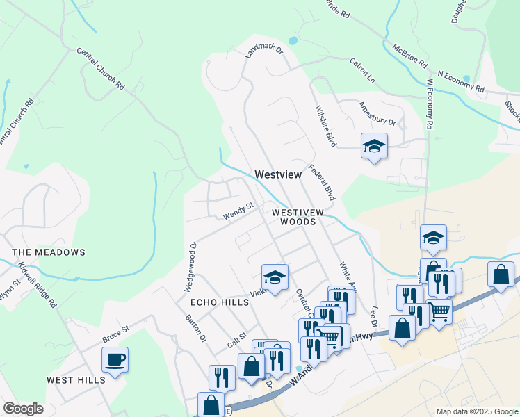 map of restaurants, bars, coffee shops, grocery stores, and more near 600 Central Church Road in Morristown