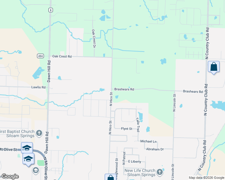 map of restaurants, bars, coffee shops, grocery stores, and more near 2825 North Hico Street in Siloam Springs