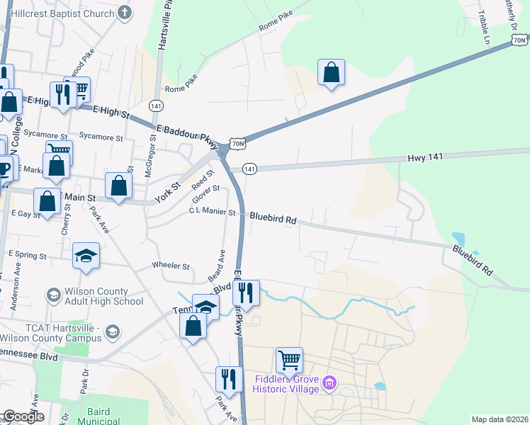 map of restaurants, bars, coffee shops, grocery stores, and more near 841 Bluebird Road in Lebanon