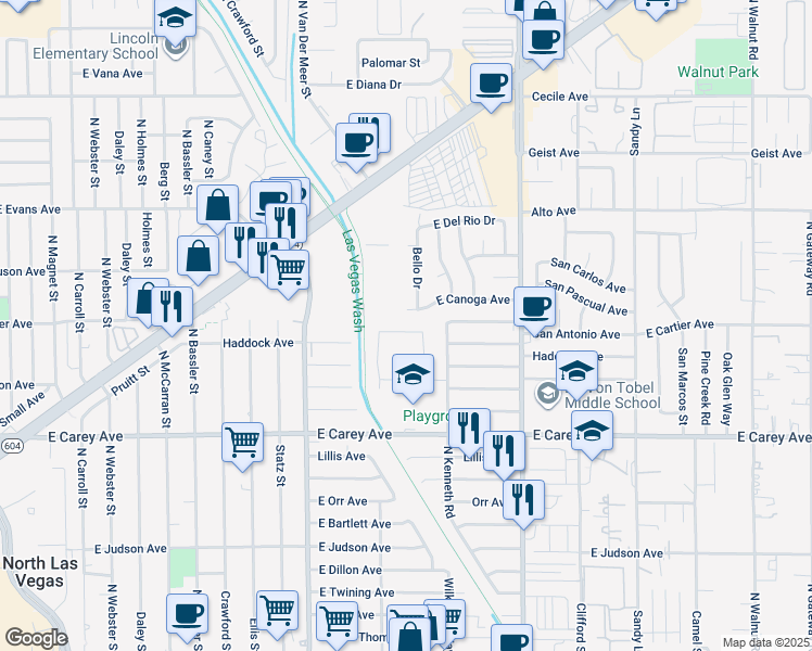 map of restaurants, bars, coffee shops, grocery stores, and more near 3400 East Honduras Place in North Las Vegas