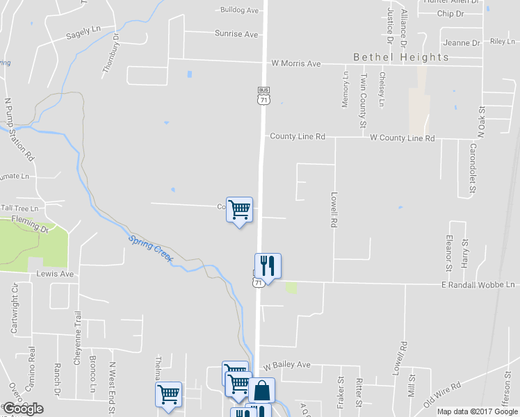 map of restaurants, bars, coffee shops, grocery stores, and more near 500 Cooper Drive in Springdale