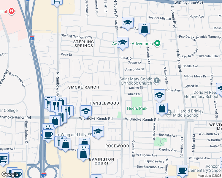 map of restaurants, bars, coffee shops, grocery stores, and more near 6428 Deadwood Road in Las Vegas