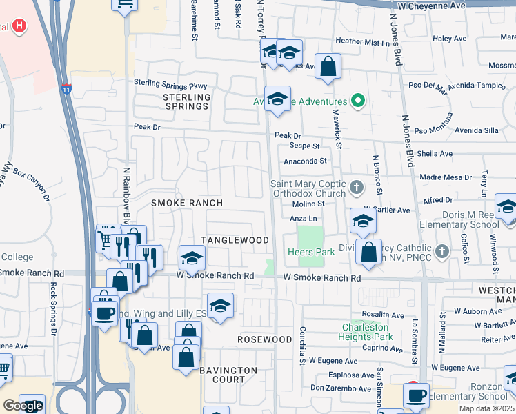 map of restaurants, bars, coffee shops, grocery stores, and more near 6412 Deadwood Road in Las Vegas