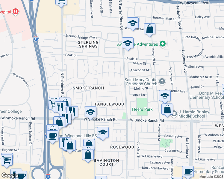 map of restaurants, bars, coffee shops, grocery stores, and more near 6417 Morley Avenue in Las Vegas