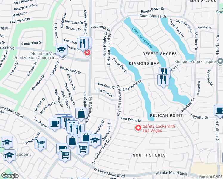 map of restaurants, bars, coffee shops, grocery stores, and more near 8401 Bay Crest Drive in Las Vegas
