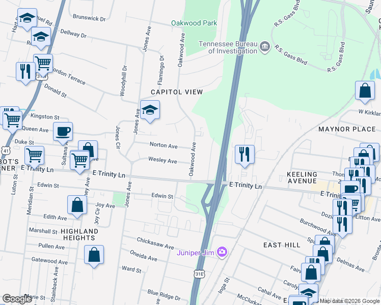 map of restaurants, bars, coffee shops, grocery stores, and more near 544 Norton Avenue in Nashville
