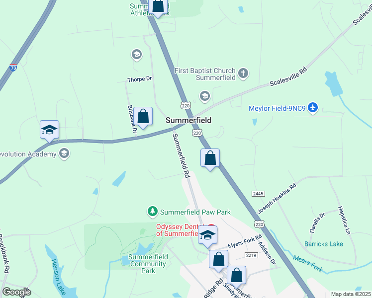 map of restaurants, bars, coffee shops, grocery stores, and more near 7708 Summerfield Road in Summerfield