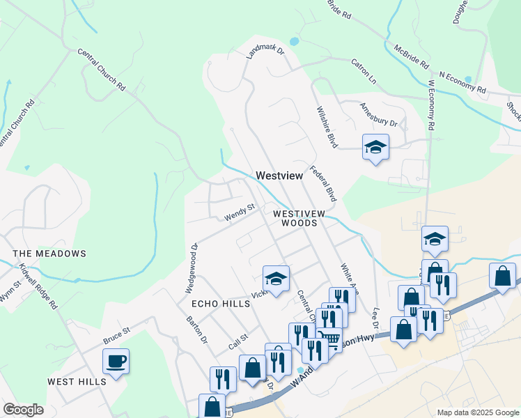 map of restaurants, bars, coffee shops, grocery stores, and more near 600 Central Church Road in Morristown