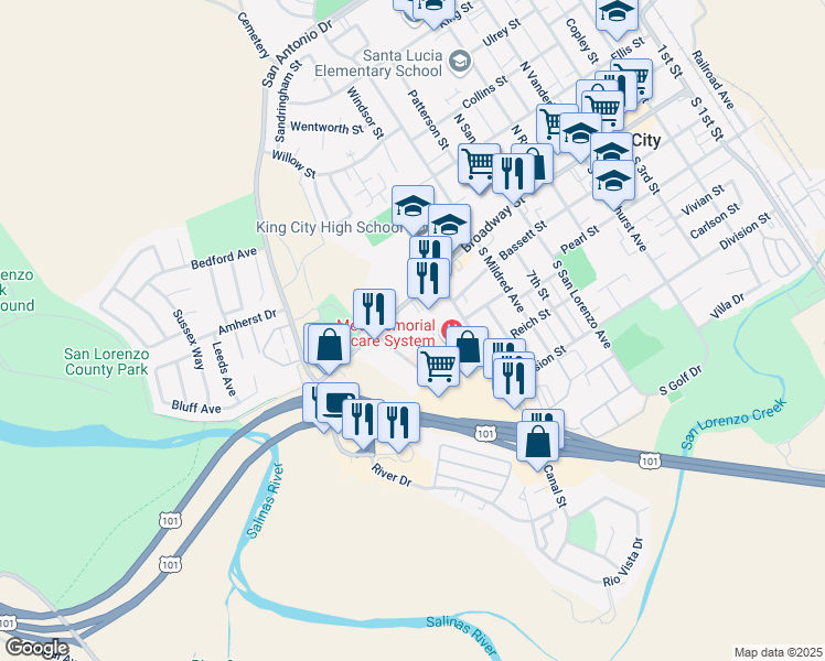 map of restaurants, bars, coffee shops, grocery stores, and more near 905 Broadway St in King City