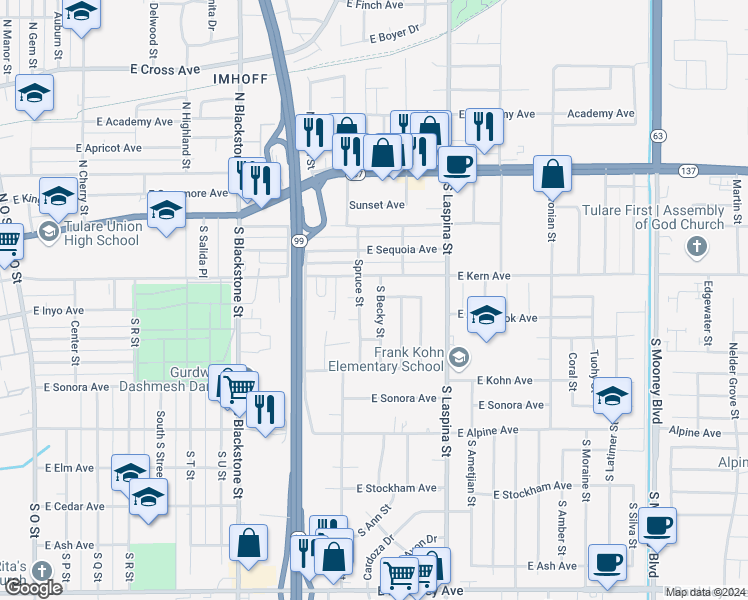 map of restaurants, bars, coffee shops, grocery stores, and more near 427 South Becky Street in Tulare