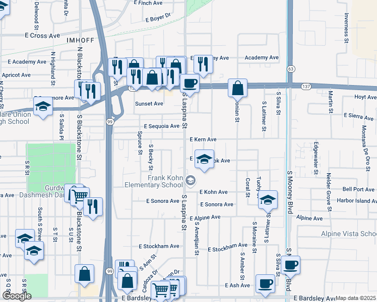 map of restaurants, bars, coffee shops, grocery stores, and more near 400-450 South Laspina Street in Tulare