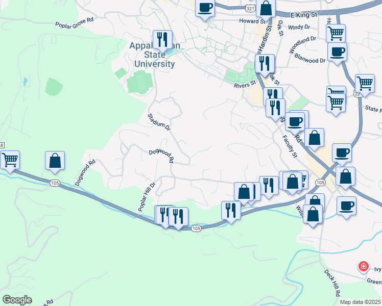 map of restaurants, bars, coffee shops, grocery stores, and more near 111 Ferncliff Road in Boone