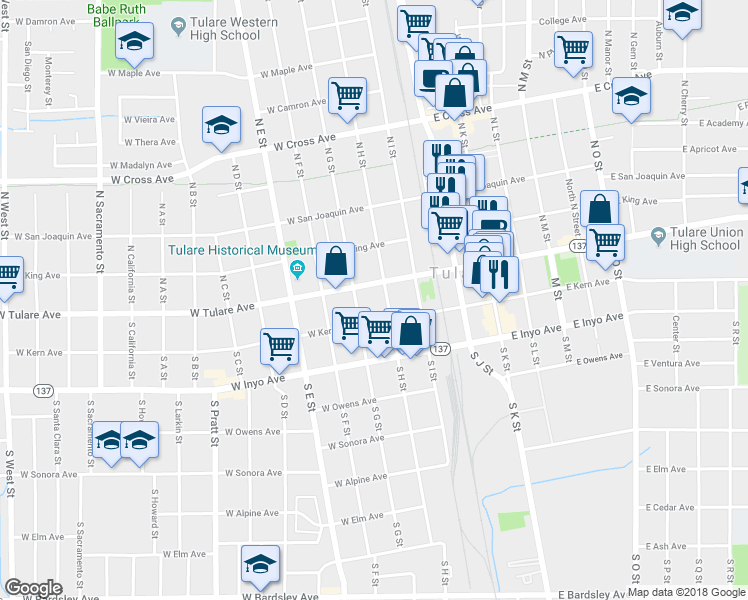 map of restaurants, bars, coffee shops, grocery stores, and more near 123 South H Street in Tulare