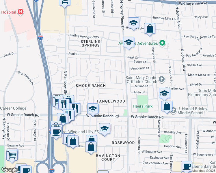 map of restaurants, bars, coffee shops, grocery stores, and more near 6529 Bradford Lane in Las Vegas
