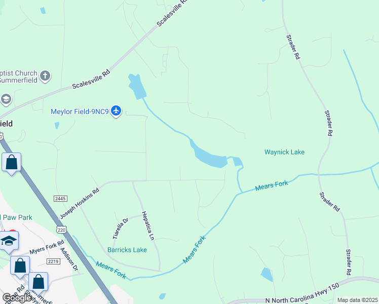 map of restaurants, bars, coffee shops, grocery stores, and more near 7604 Martha Lynn Place in Summerfield