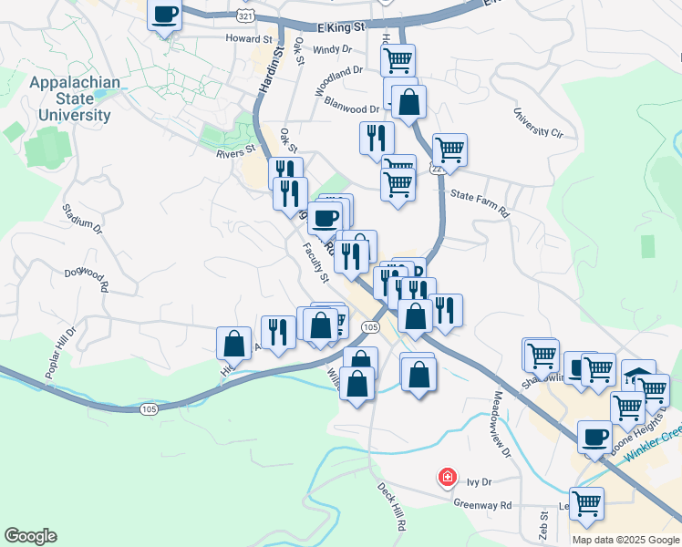 map of restaurants, bars, coffee shops, grocery stores, and more near 828 Blowing Rock Road in Boone