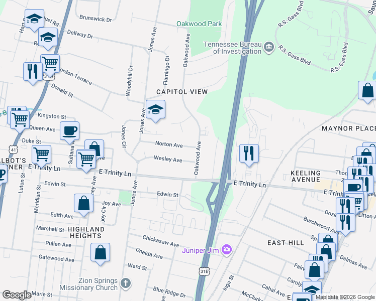 map of restaurants, bars, coffee shops, grocery stores, and more near 544 Norton Avenue in Nashville