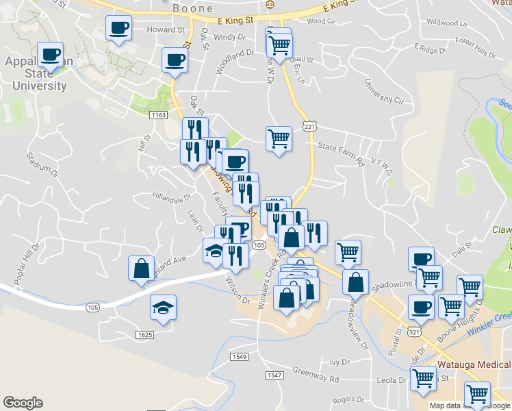 map of restaurants, bars, coffee shops, grocery stores, and more near 897 Blowing Rock Road in Boone