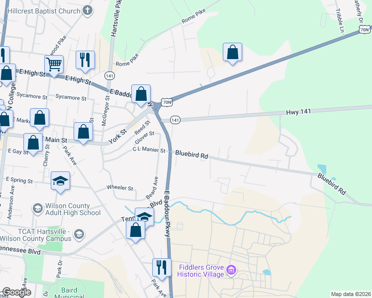 map of restaurants, bars, coffee shops, grocery stores, and more near 841 Bluebird Road in Lebanon