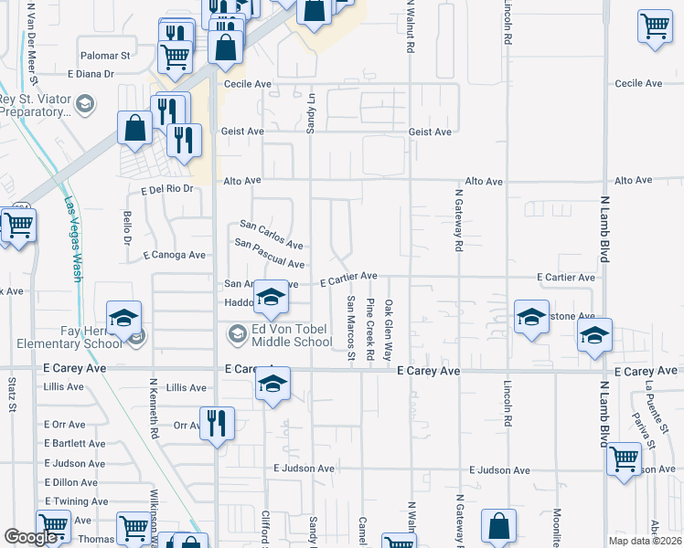 map of restaurants, bars, coffee shops, grocery stores, and more near 2620 San Marcos Street in Las Vegas