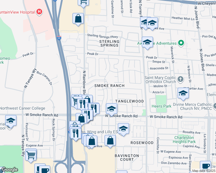map of restaurants, bars, coffee shops, grocery stores, and more near 6584 Buckingham Drive in Las Vegas