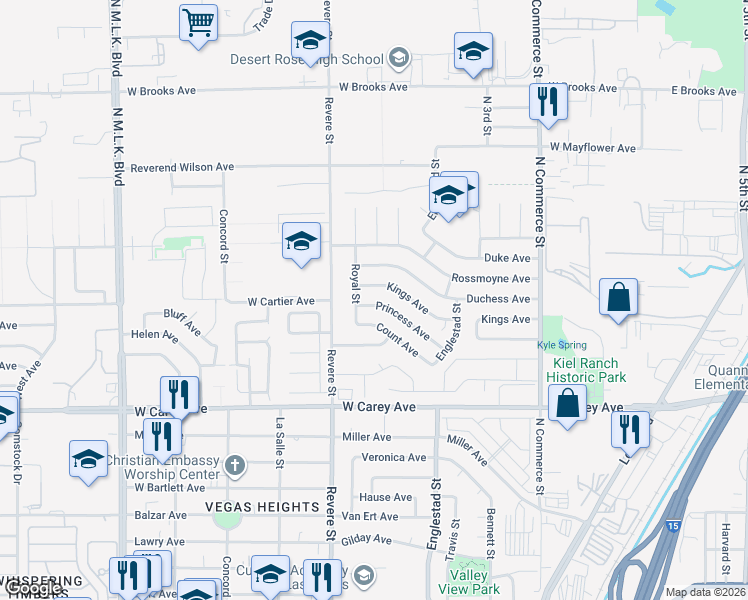map of restaurants, bars, coffee shops, grocery stores, and more near 624 Princess Avenue in North Las Vegas