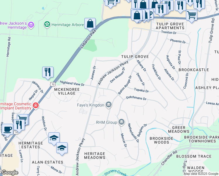 map of restaurants, bars, coffee shops, grocery stores, and more near 659 Des Moines Drive in Nashville