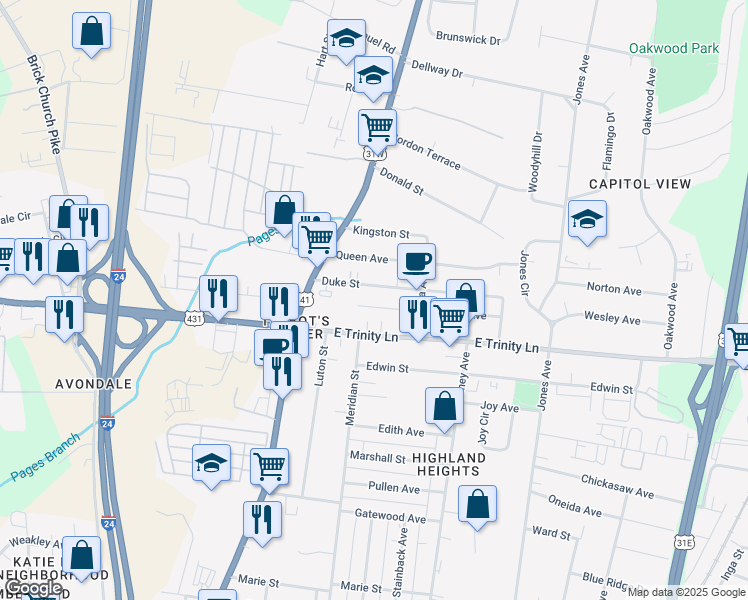 map of restaurants, bars, coffee shops, grocery stores, and more near 209 Prince Avenue in Nashville