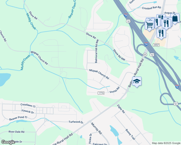 map of restaurants, bars, coffee shops, grocery stores, and more near 1324 Mizpah Church Road in Rural Hall