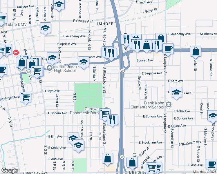map of restaurants, bars, coffee shops, grocery stores, and more near 310 South Blackstone Street in Tulare