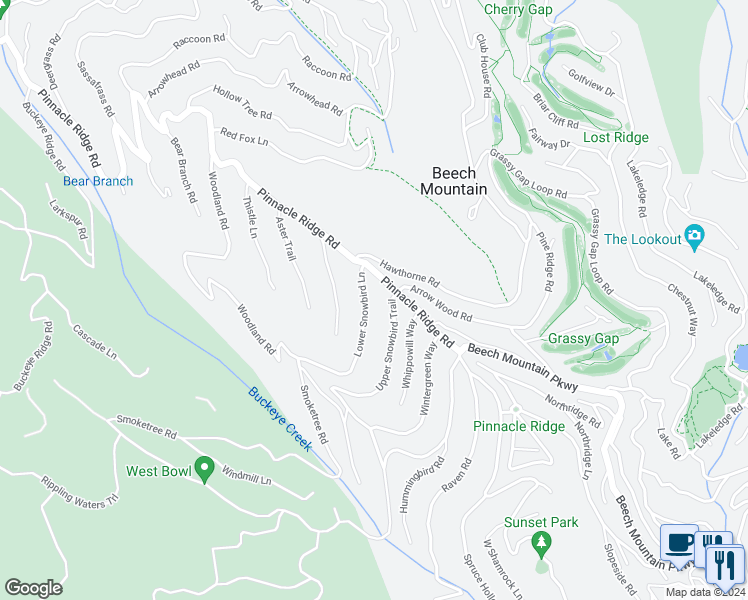 map of restaurants, bars, coffee shops, grocery stores, and more near 105 Lower Snowbird Lane in Beech Mountain