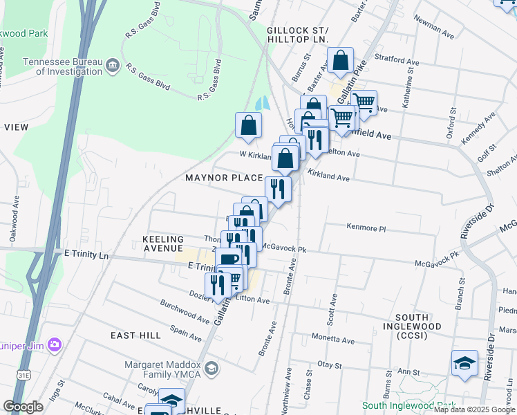 map of restaurants, bars, coffee shops, grocery stores, and more near 1028C Maynor Avenue in Nashville