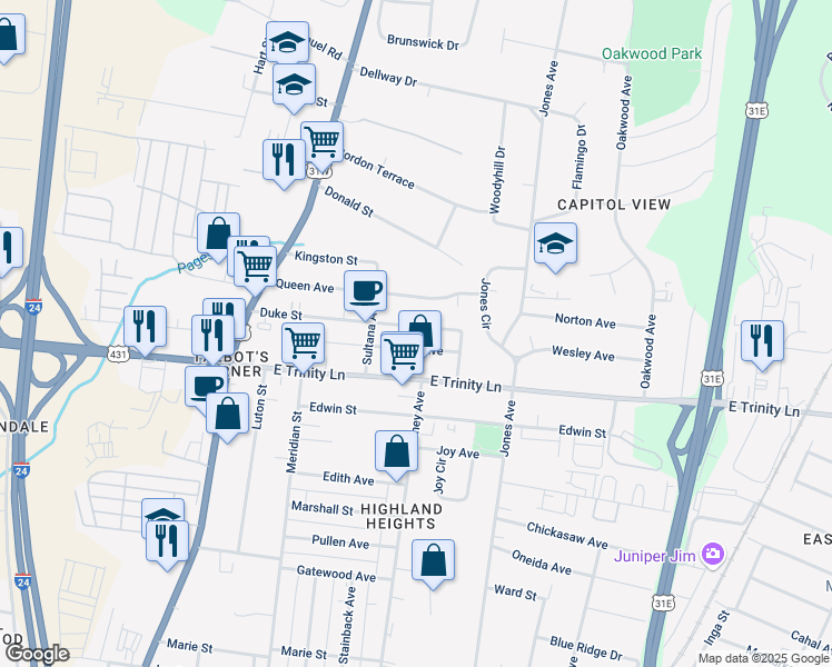 map of restaurants, bars, coffee shops, grocery stores, and more near 318 Duke Street in Nashville