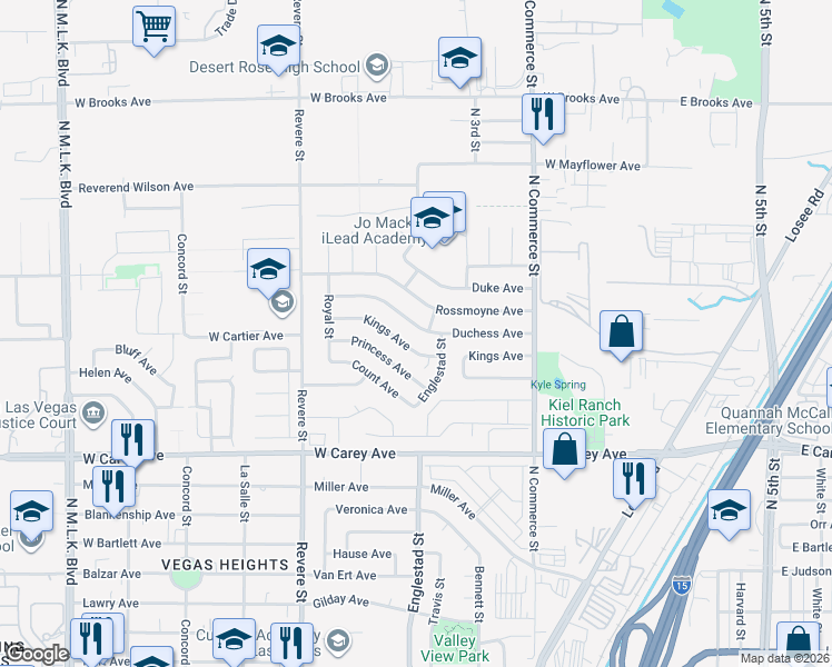 map of restaurants, bars, coffee shops, grocery stores, and more near 433 Duchess Avenue in North Las Vegas