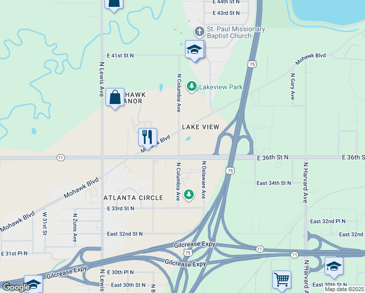map of restaurants, bars, coffee shops, grocery stores, and more near 3601 North Columbia Avenue in Tulsa