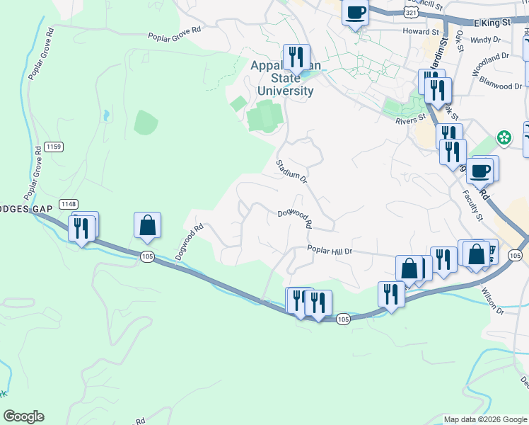 map of restaurants, bars, coffee shops, grocery stores, and more near 108 Fairview Drive in Boone