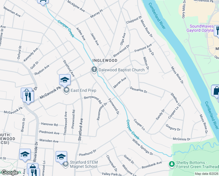 map of restaurants, bars, coffee shops, grocery stores, and more near 2038 Cooper Lane in Nashville