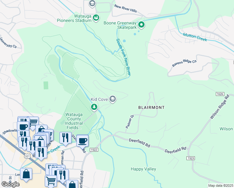 map of restaurants, bars, coffee shops, grocery stores, and more near 930 Hunting Hills Lane in Boone