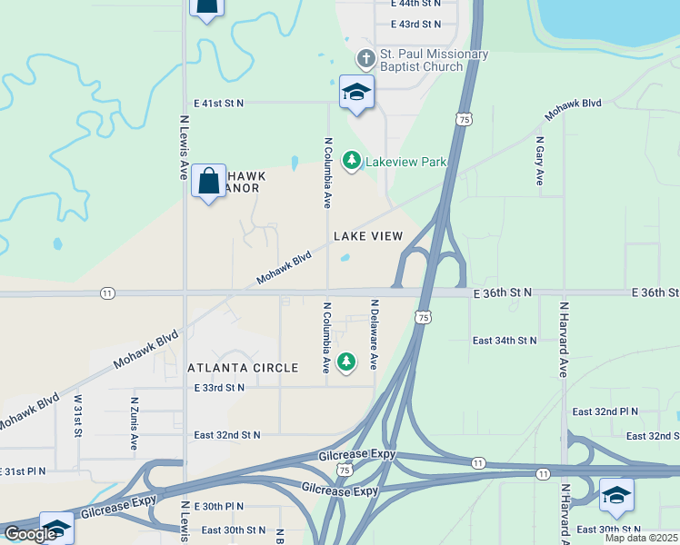 map of restaurants, bars, coffee shops, grocery stores, and more near 3601 North Columbia Avenue in Tulsa