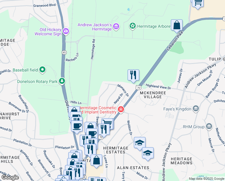 map of restaurants, bars, coffee shops, grocery stores, and more near 4268 Samoa Drive in Nashville
