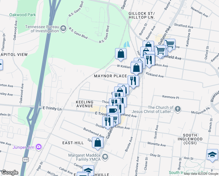 map of restaurants, bars, coffee shops, grocery stores, and more near 1016A Maynor Avenue in Nashville