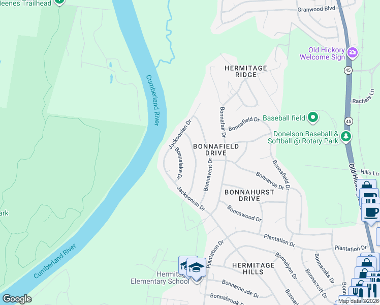 map of restaurants, bars, coffee shops, grocery stores, and more near 7026 Bonnamere Drive in Nashville