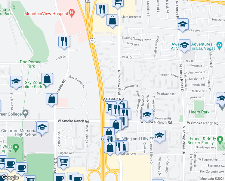 map of restaurants, bars, coffee shops, grocery stores, and more near 2451 North Rainbow Boulevard in Las Vegas