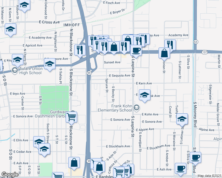 map of restaurants, bars, coffee shops, grocery stores, and more near 419 South Becky Street in Tulare