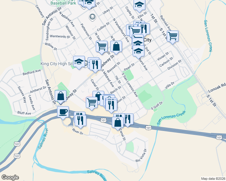 map of restaurants, bars, coffee shops, grocery stores, and more near 639 Reich Street in King City