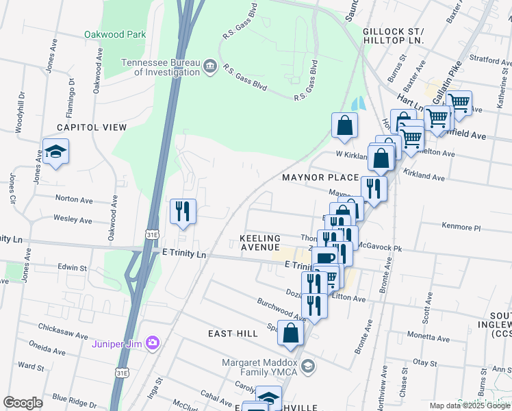 map of restaurants, bars, coffee shops, grocery stores, and more near 901 Elvira Avenue in Nashville
