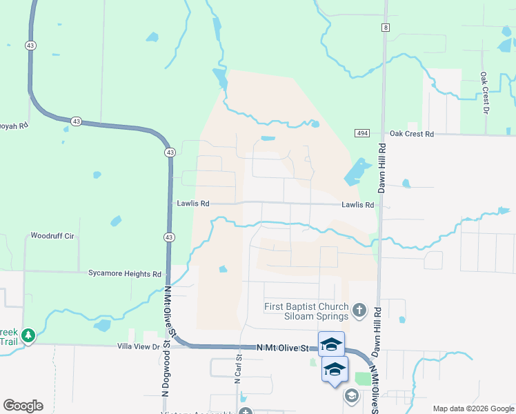 map of restaurants, bars, coffee shops, grocery stores, and more near 2550 Bridlecreek Road in Siloam Springs