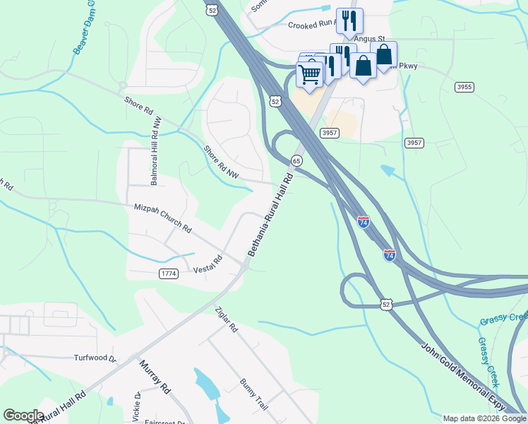 map of restaurants, bars, coffee shops, grocery stores, and more near 1140 Bethania-Rural Hall Road in Rural Hall