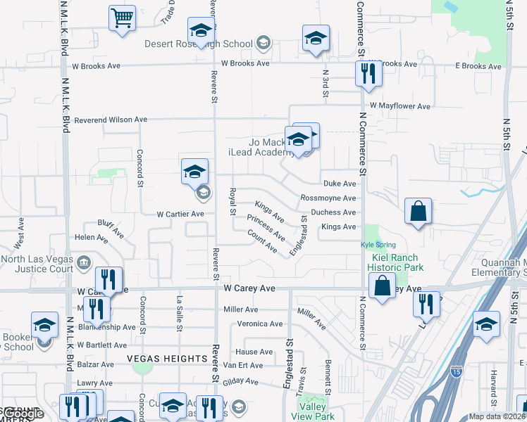 map of restaurants, bars, coffee shops, grocery stores, and more near 525 Kings Avenue in North Las Vegas